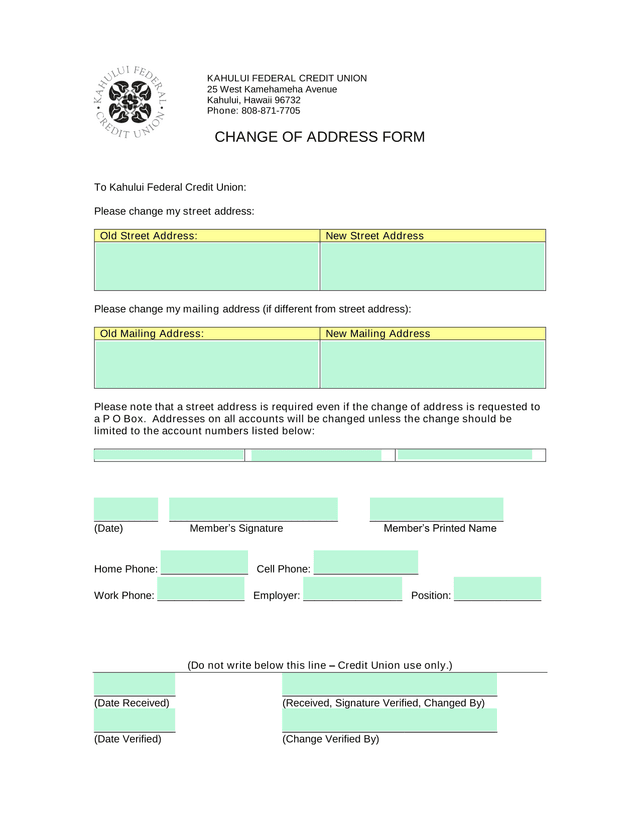 Change Of Address Form screenshot