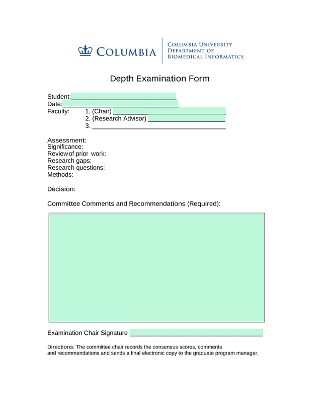 Depth Examination Form screenshot
