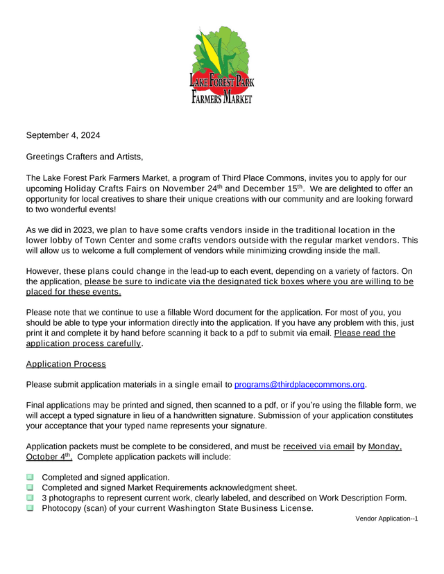 Vendor Application For Lake Forest Park Farmers Market Holiday Crafts Fairs screenshot