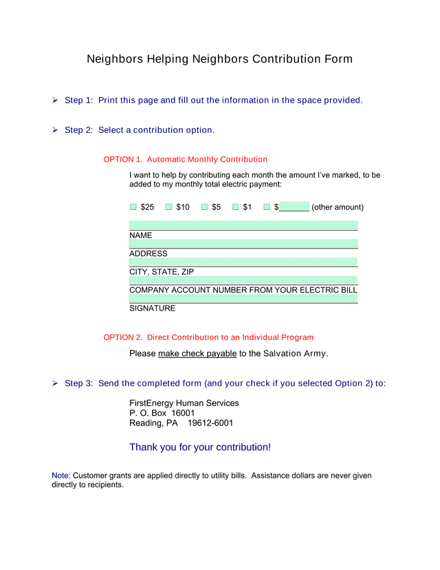 Neighbors Helping Neighbors Contribution Form screenshot