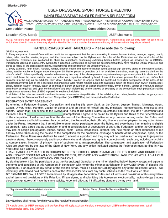 USEF Dressage Sport Horse Breeding HandlerAssistant Handler Entry  Release Form screenshot