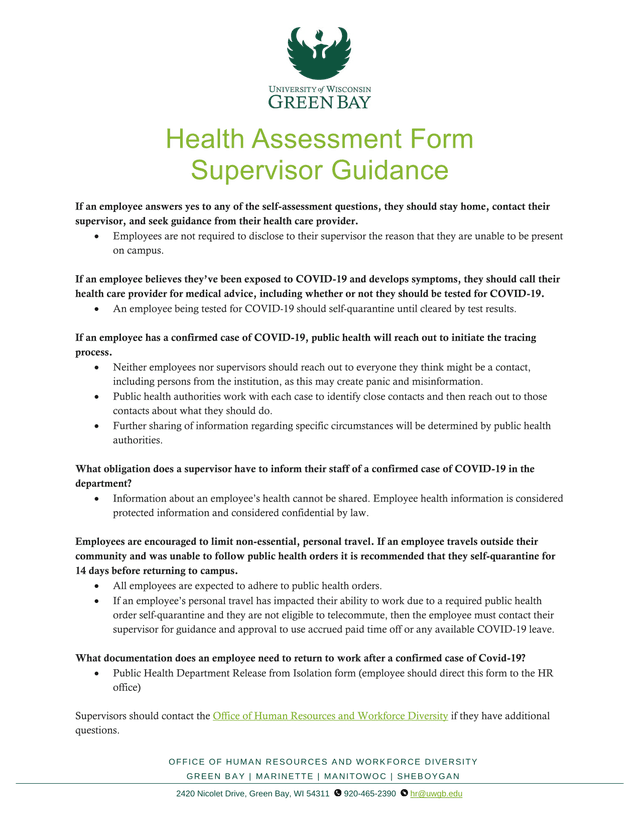 Health Assessment Form Supervisor Guidance screenshot