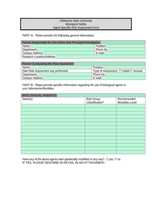 Biological Safety Agent Specific Risk Assessment Form screenshot