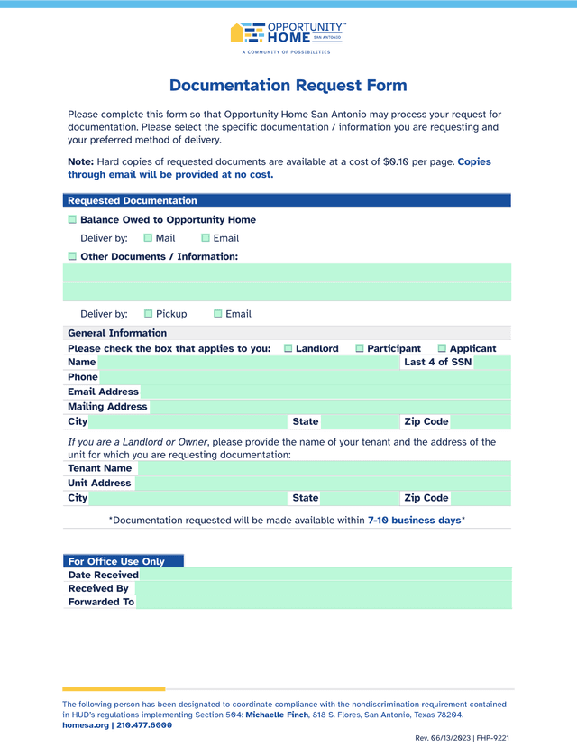 Documentation Request Form screenshot