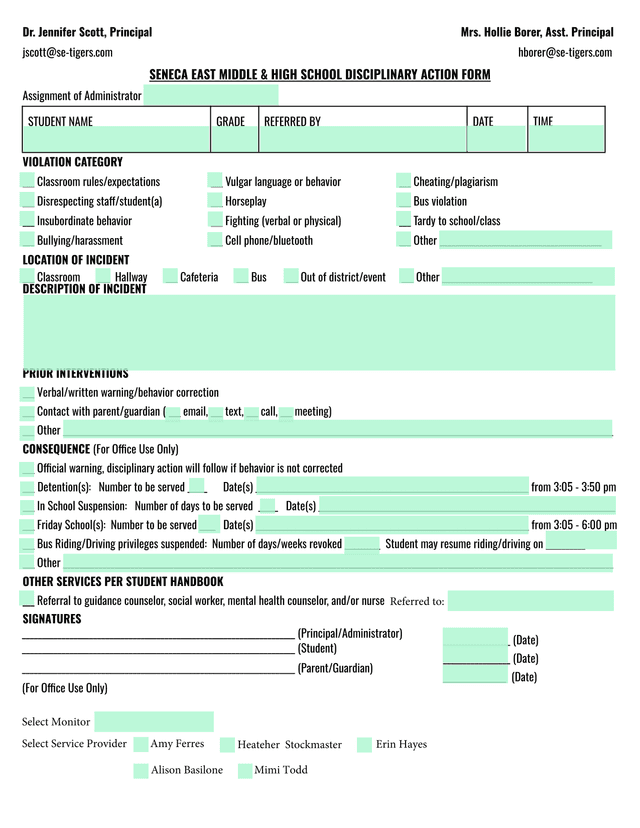 SENECA EAST MIDDLE  HIGH SCHOOL DISCIPLINARY ACTION FORM screenshot