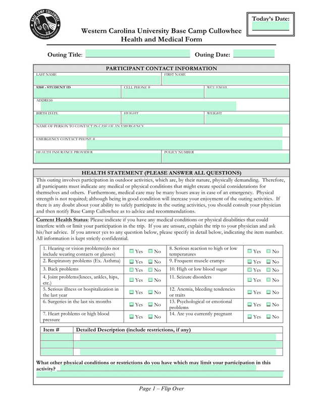 Western Carolina University Base Camp Cullowhee Health And Medical Form screenshot