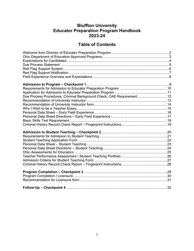 Bluffton University Educator Preparation Program Handbook screenshot