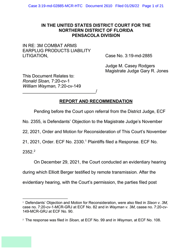Report And Recommendation In 3M Combat Arms Earplug Products Liability Litigation screenshot