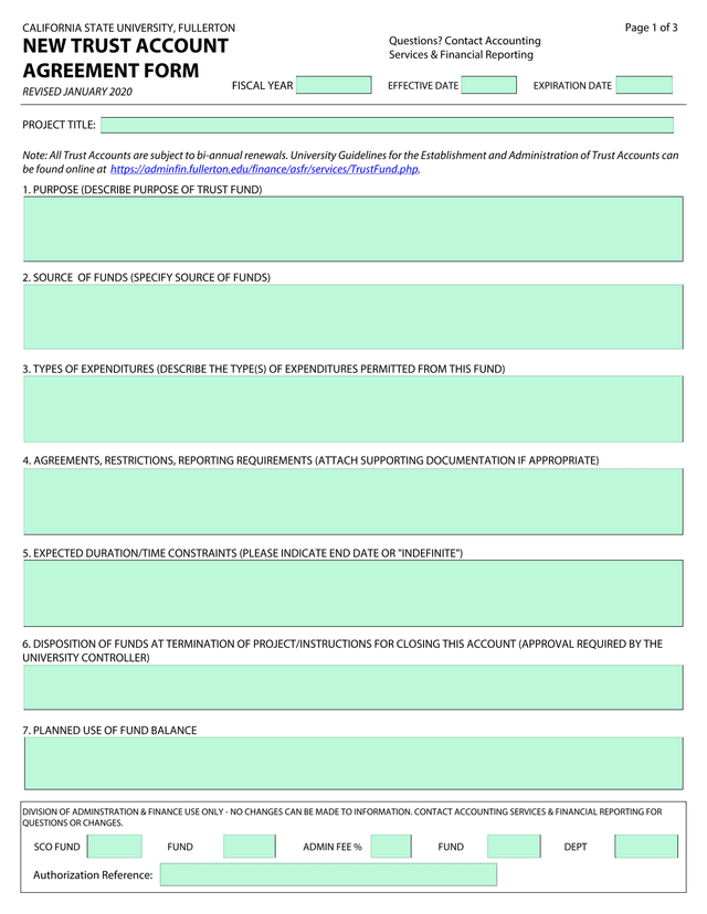 California State University, Fullerton New Trust Account Agreement Form screenshot