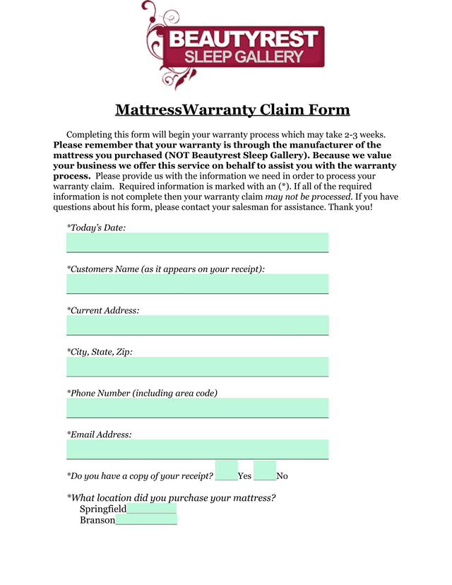 Mattress Warranty Claim Form screenshot