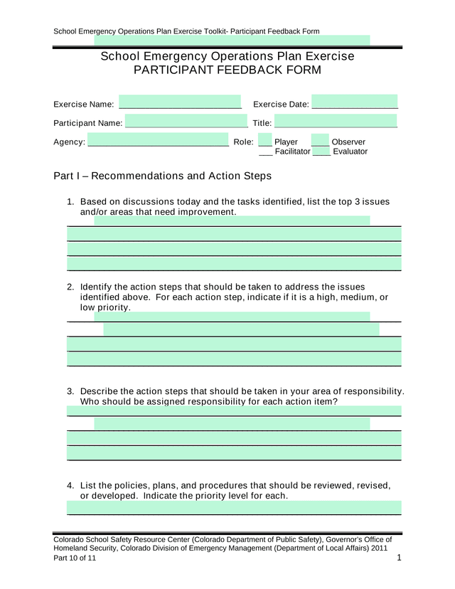School Emergency Operations Plan Exercise Toolkit  Participant Feedback Form screenshot