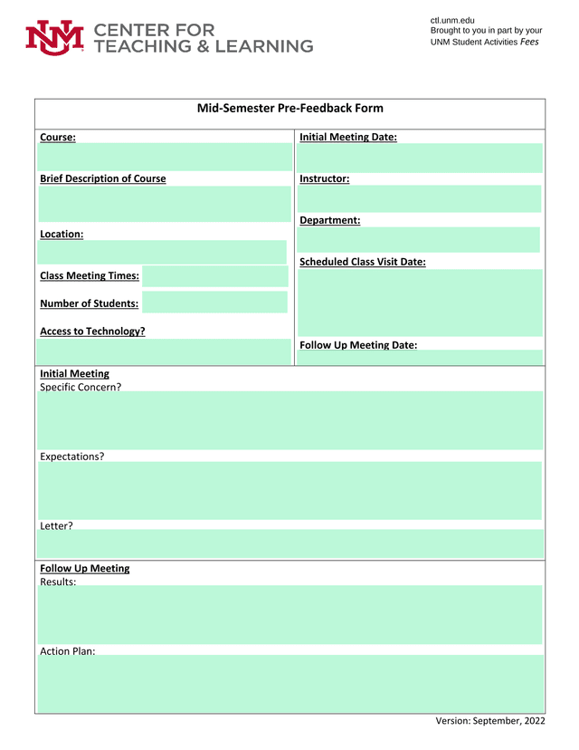 Mid Semester Pre Feedback Form screenshot