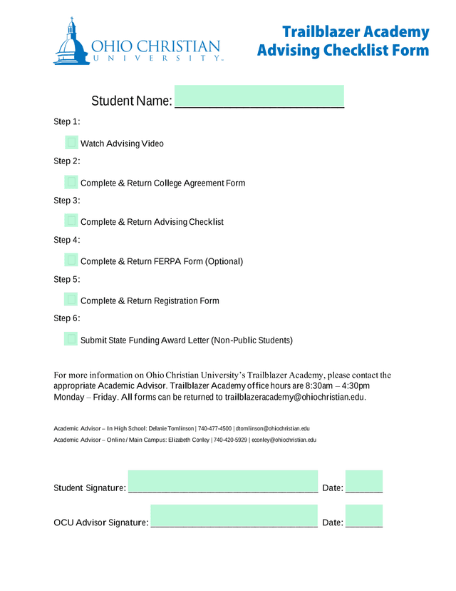 Trailblazer Academy Advising Checklist Form screenshot