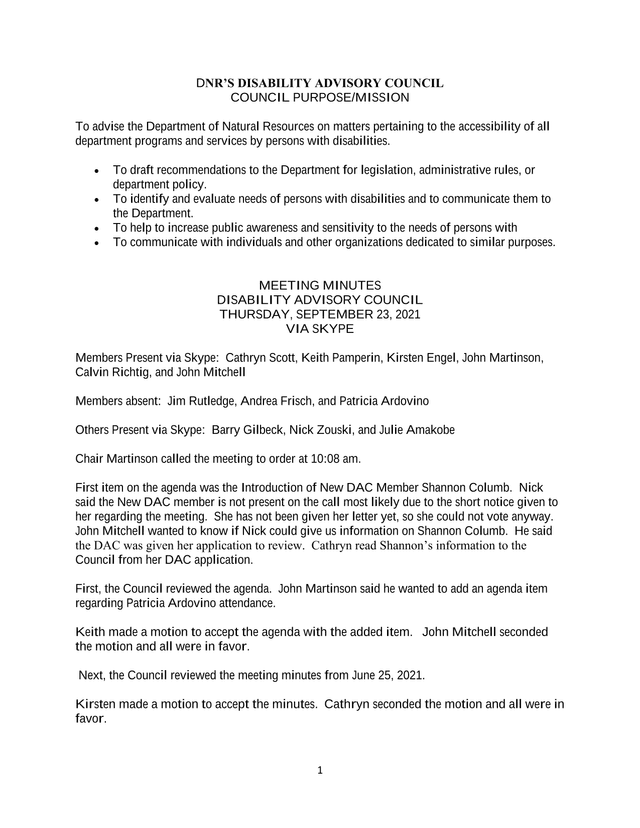 DNRS Disability Advisory Council Meeting Minutes screenshot