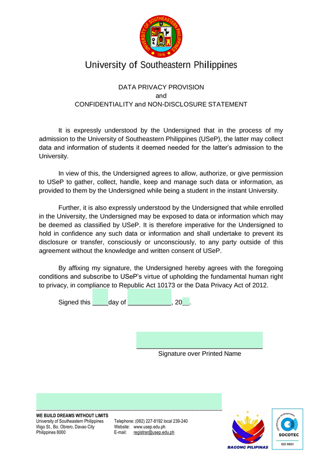 Data Privacy Provision And Confidentiality And Non Disclosure Statement screenshot