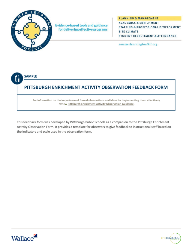 Pittsburgh Enrichment Activity Observation Feedback Form screenshot