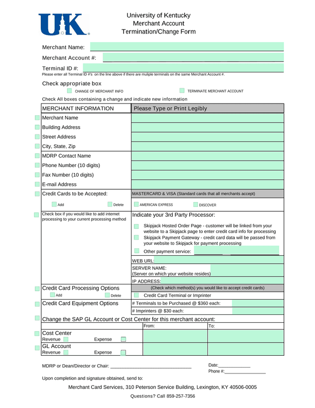 University Of Kentucky TerminationChange Form Merchant Account screenshot