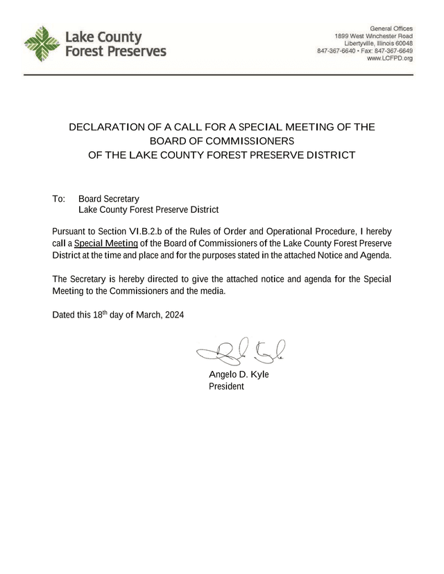 Declaration Of A Call For A Special Meeting Of The Board Of Commissioners Of The Lake County Forest  screenshot