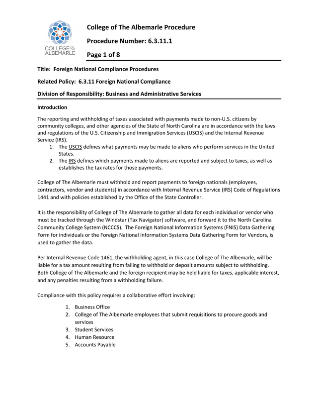 Foreign National Compliance Procedures screenshot