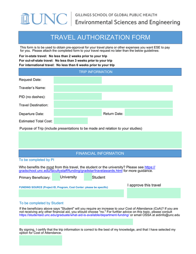 TRAVEL AUTHORIZATION FORM screenshot