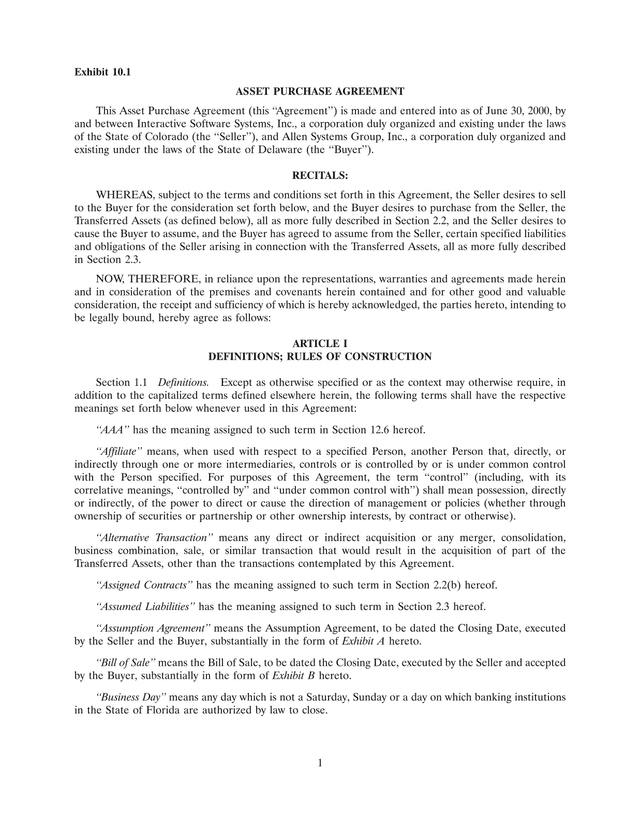 Asset Purchase Agreement screenshot
