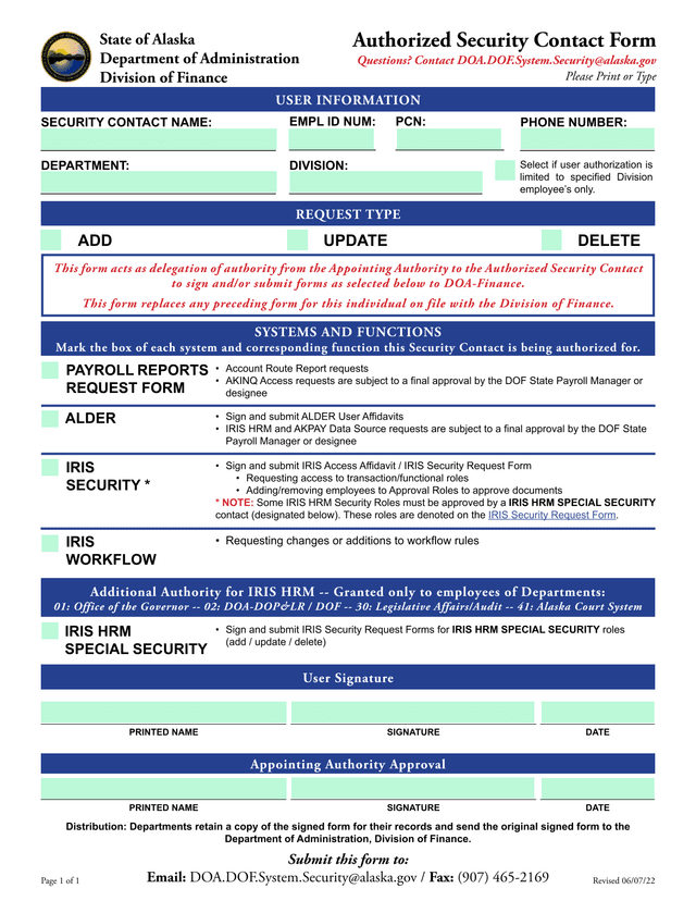 Authorized Security Contact Form screenshot