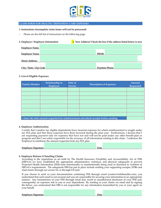 CLAIM FORM FOR HEALTH  DEPENDENT CARE EXPENSES screenshot