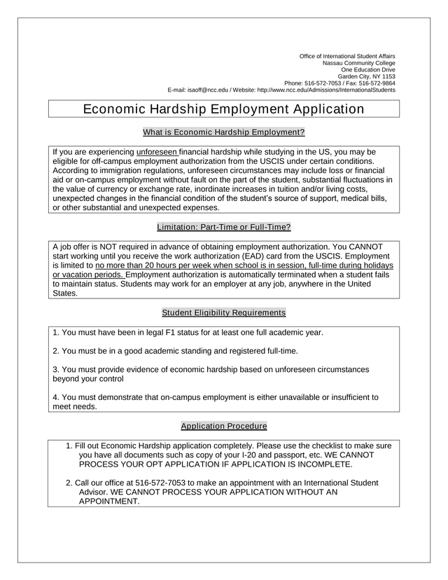 Economic Hardship Employment Application screenshot