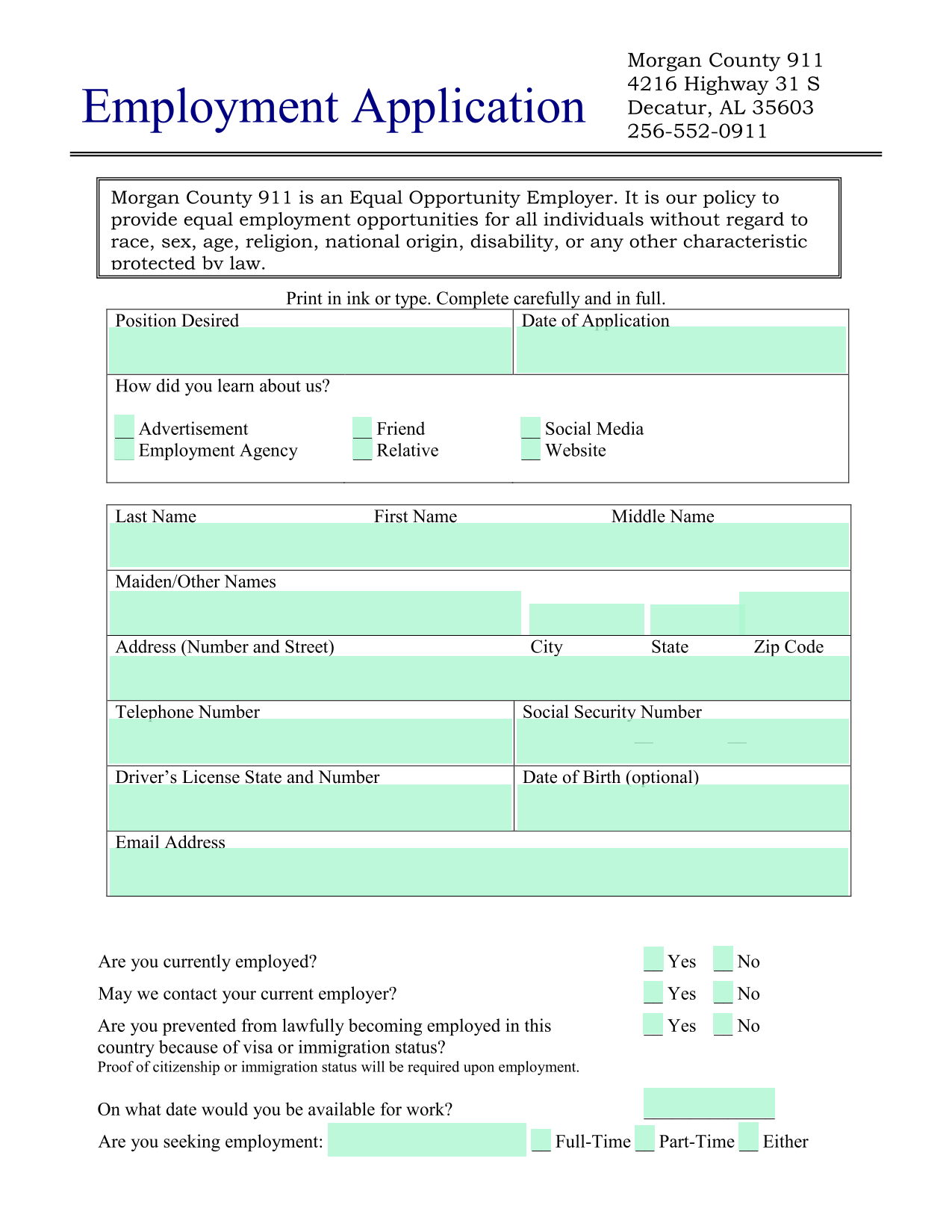 Employment Application screenshot