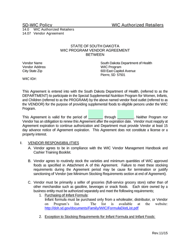 WIC Authorized Retailers Vendor Agreement screenshot