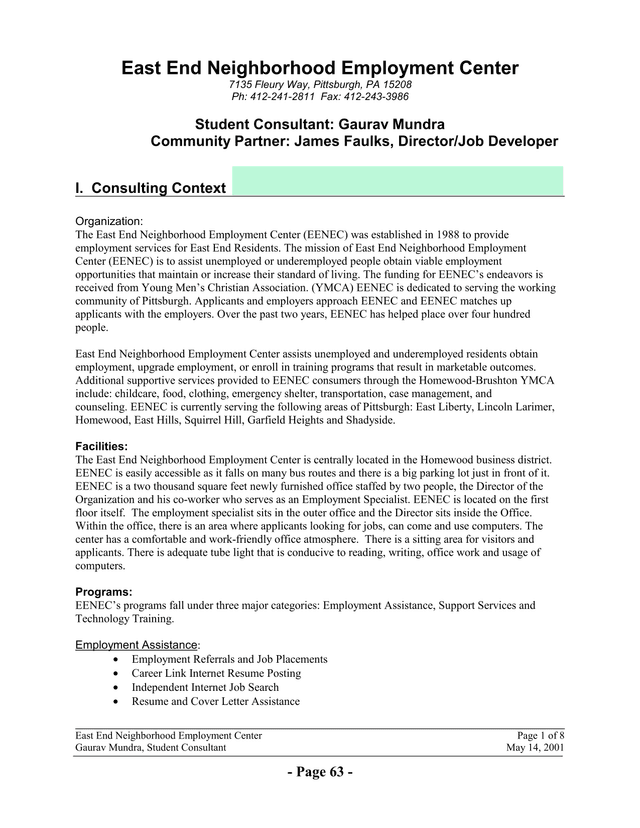 East End Neighborhood Employment Center Consulting Context screenshot