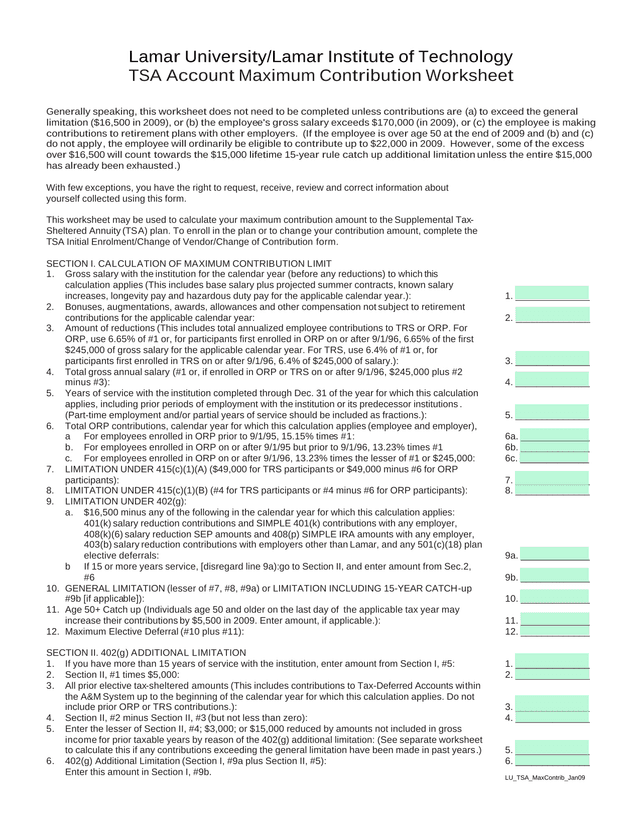 TSA Account Maximum Contribution Worksheet screenshot