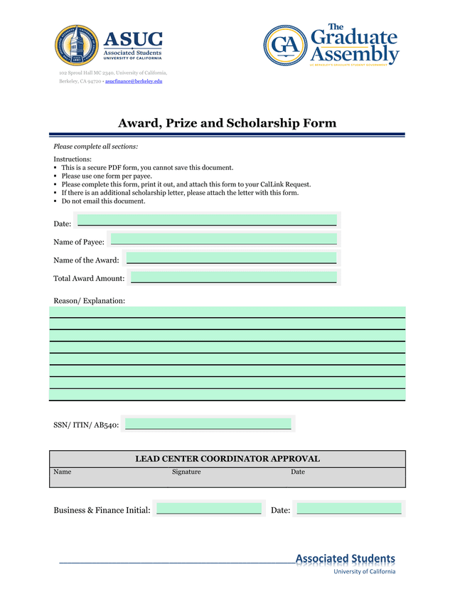 Award, Prize And Scholarship Form screenshot