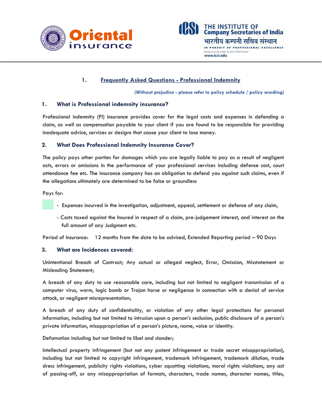 Frequently Asked Questions   Professional Indemnity screenshot