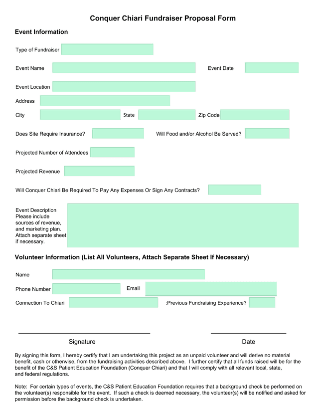 Conquer Chiari Fundraiser Proposal Form screenshot