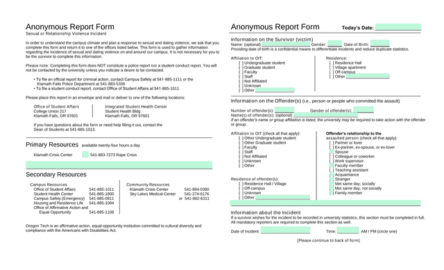 Anonymous Report Form Sexual Or Relationship Violence Incident screenshot