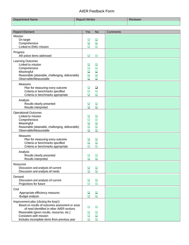 AIER Feedback Form screenshot