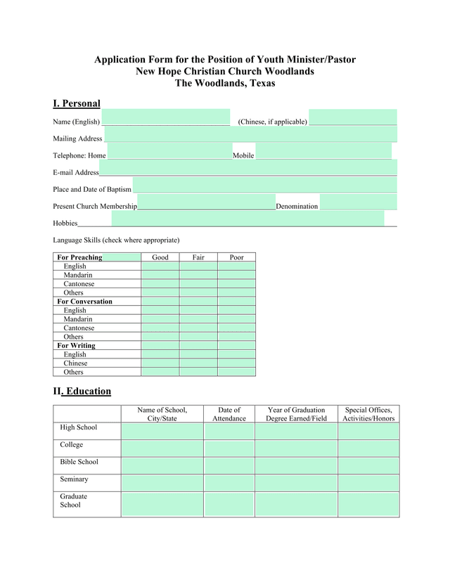 Application Form For The Position Of Youth MinisterPastor screenshot