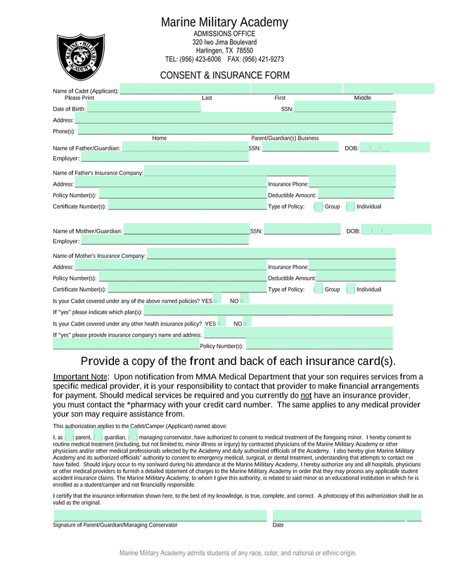 CONSENT  INSURANCE FORM screenshot