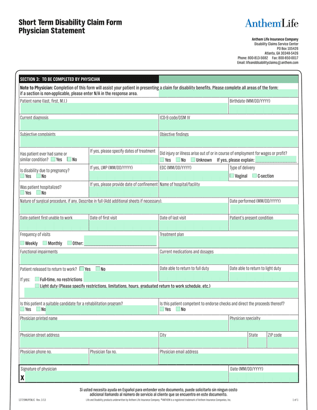 Short Term Disability Claim Form   Physician Statement screenshot
