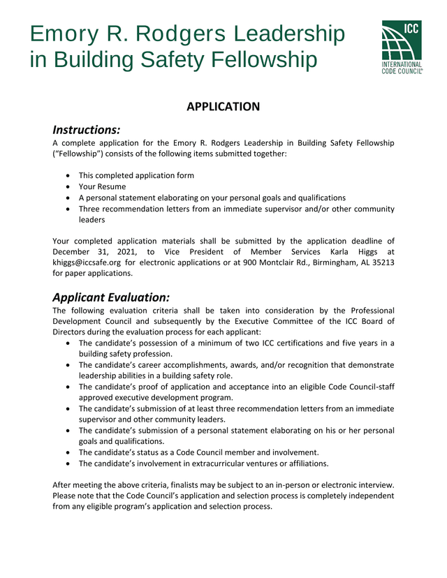Emory R. Rodgers Leadership In Building Safety Fellowship APPLICATION screenshot