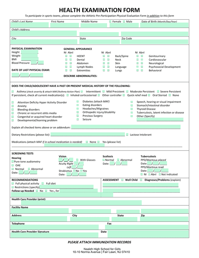 Health Examination Form screenshot