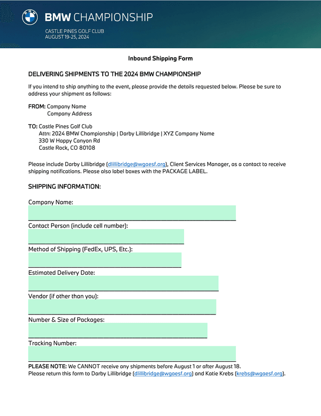 Inbound Shipping Form screenshot