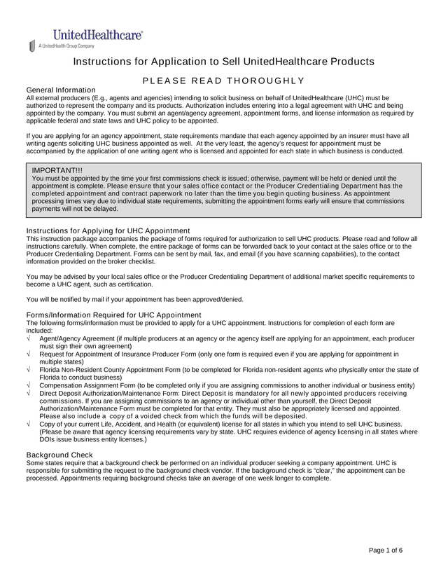 Instructions For Application To Sell UnitedHealthcare Products screenshot