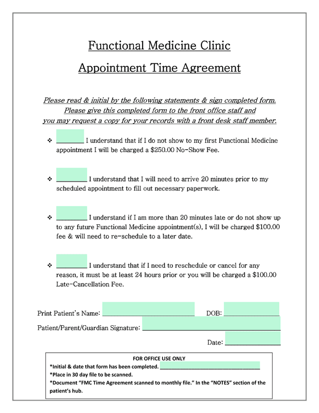 Functional Medicine Clinic Appointment Time Agreement screenshot