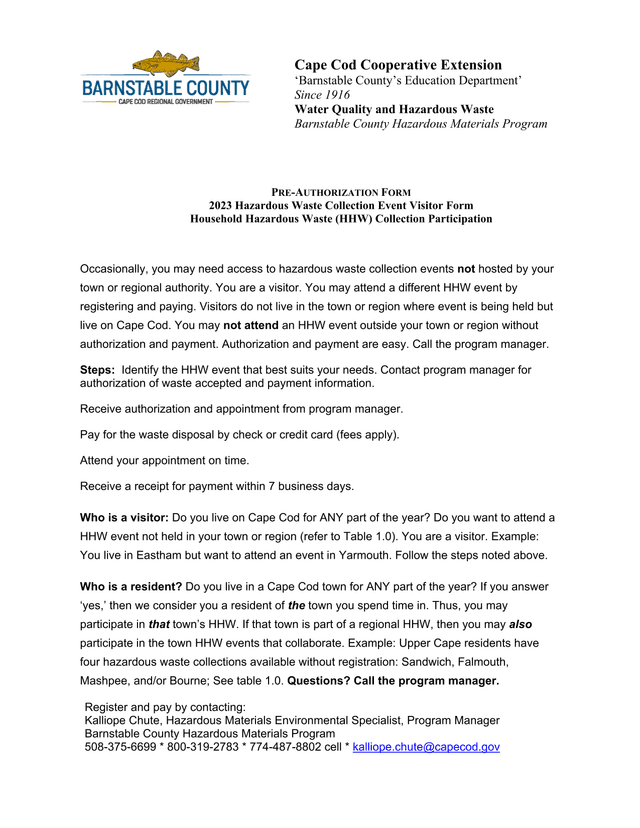 PRE AUTHORIZATION FORM 2023 Hazardous Waste Collection Event Visitor Form screenshot