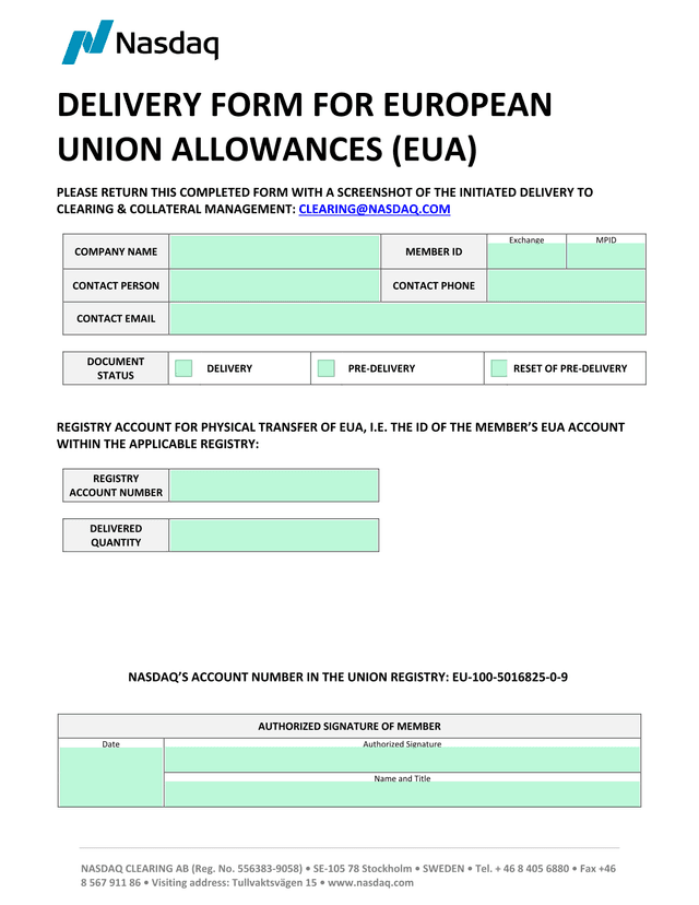 Delivery Form For European Union Allowances (EUA) screenshot