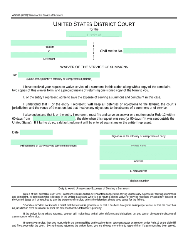 Waiver Of The Service Of Summons screenshot