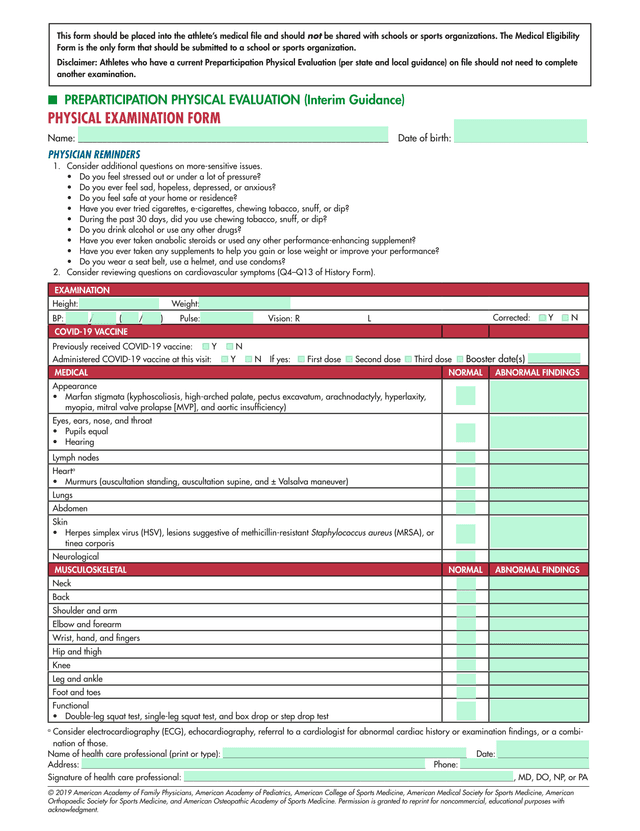 Preparticipation Physical Evaluation (Interim Guidance) Physical Examination Form screenshot