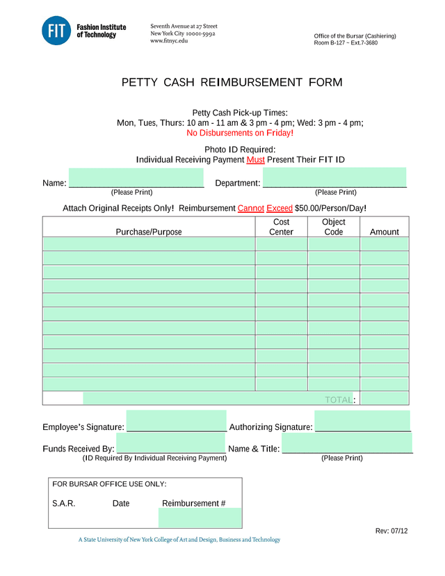 Petty Cash Reimbursement Form screenshot